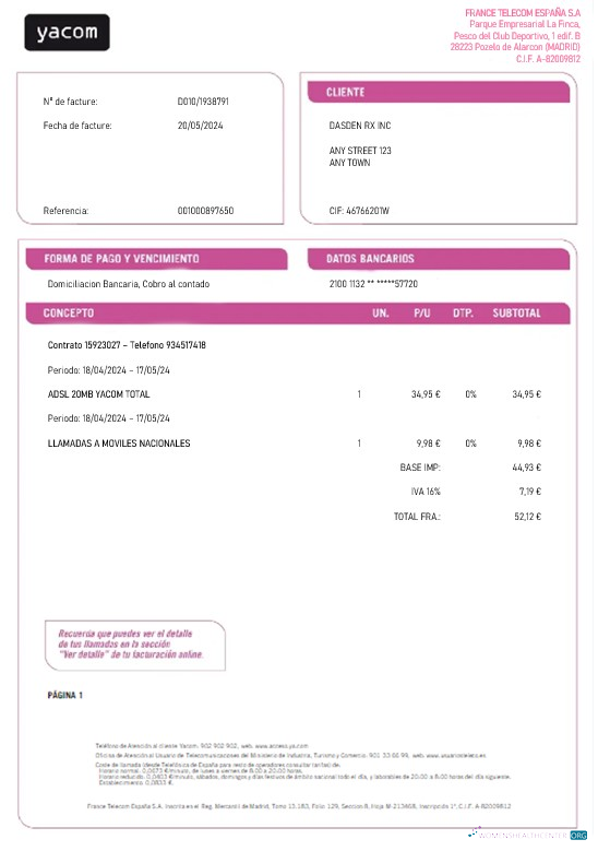 Download Spain Yacom business utility bill Word and PDF template Photoshop template